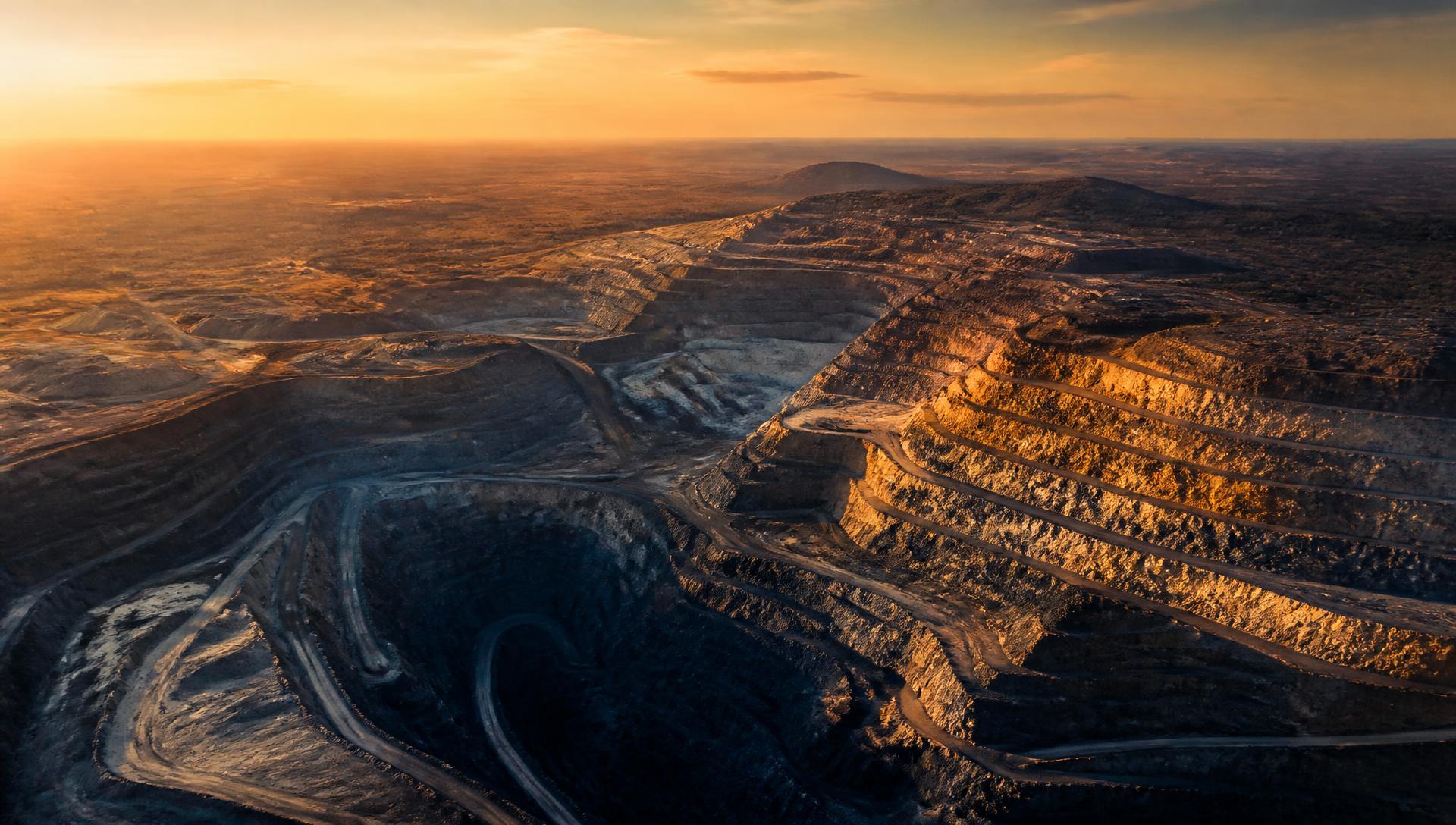 Aerial view of an African open-pit mine at sunset